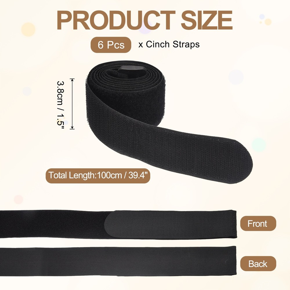 6pcs Reusable Cinch Straps 1.5"x39.4" Hook and Loop Cable Securing Straps, Black