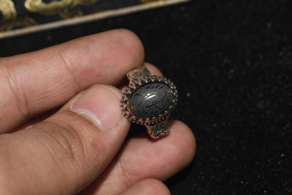 Antique Near Eastern Solid Silver Ring with Stone Bezel Depicting Inscriptions