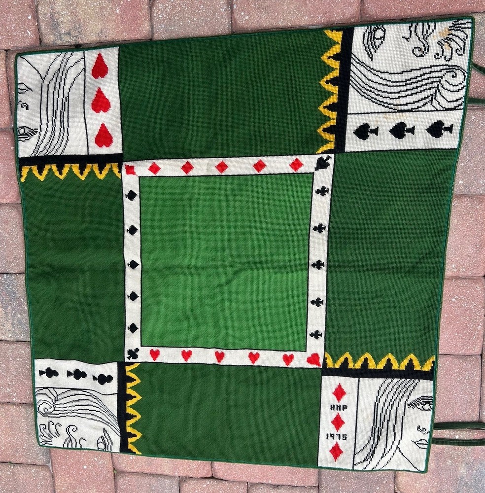 1975 HANDMADE NEEDLEPOINT CARD TABLE COVER FOR CARDS