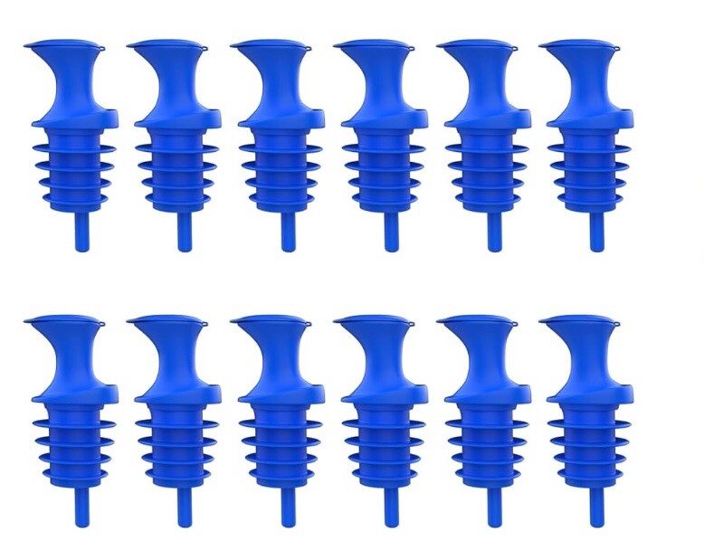 12 Blue POUR SPOUTS Flip Top Liquor Bottle Pourers - NEW Dust & Bug Free!