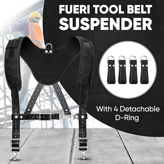 Leather Tool Belt Suspenders Padded with 4 Detachable D-Loop for Construction