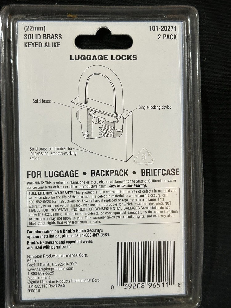 Brinks 2 solid brass locks luggage travel approved TSA accepted new