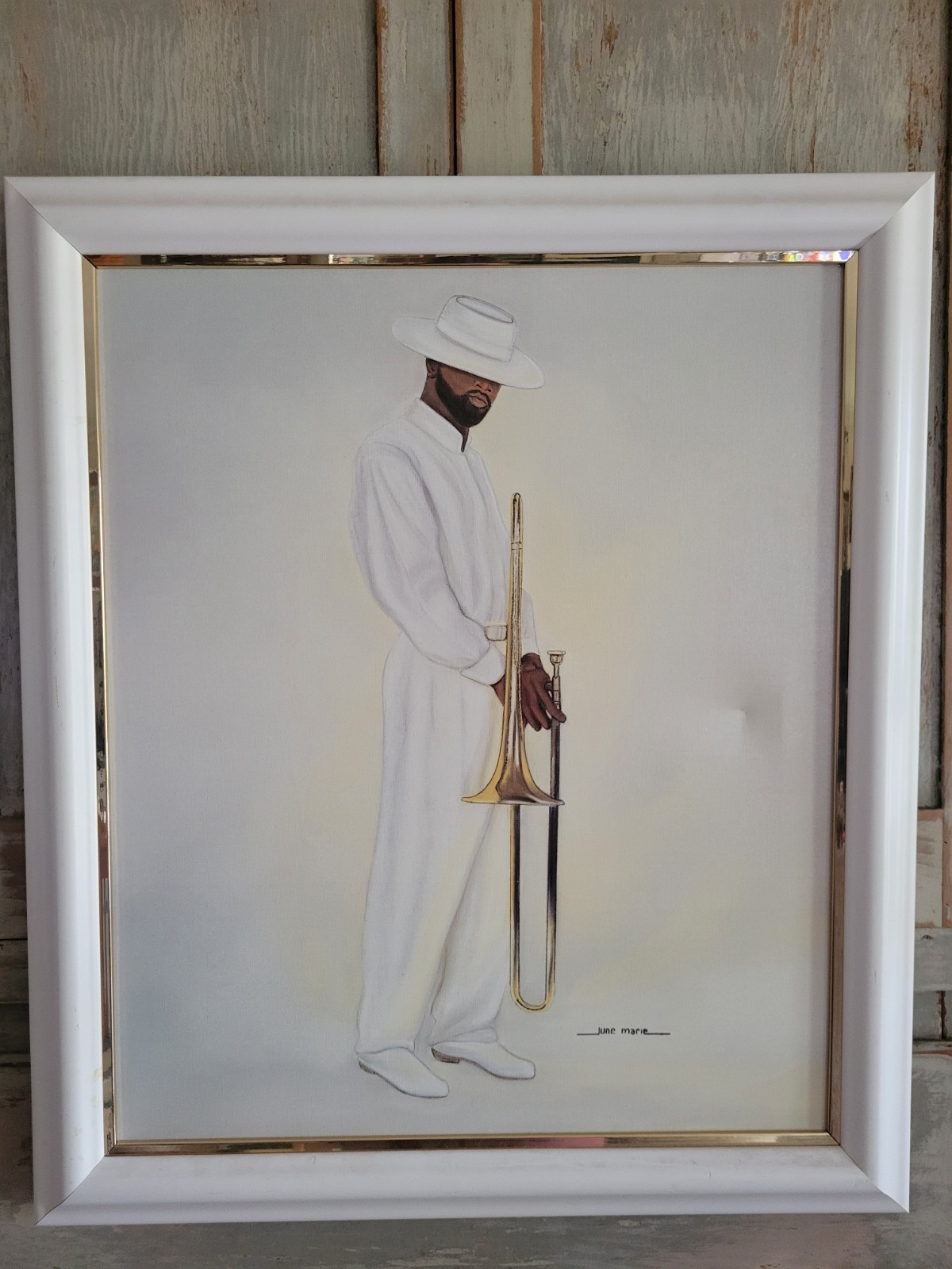 JUNE MARIE Print Painting ON CANVAS AFRICAN AMERICAN Man Jazz Trombone Player