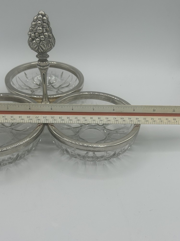 VINTAGE 3 SECTION SILVERPLATE AND GLASS SERVING DISH WITH GRAPE HANDLE