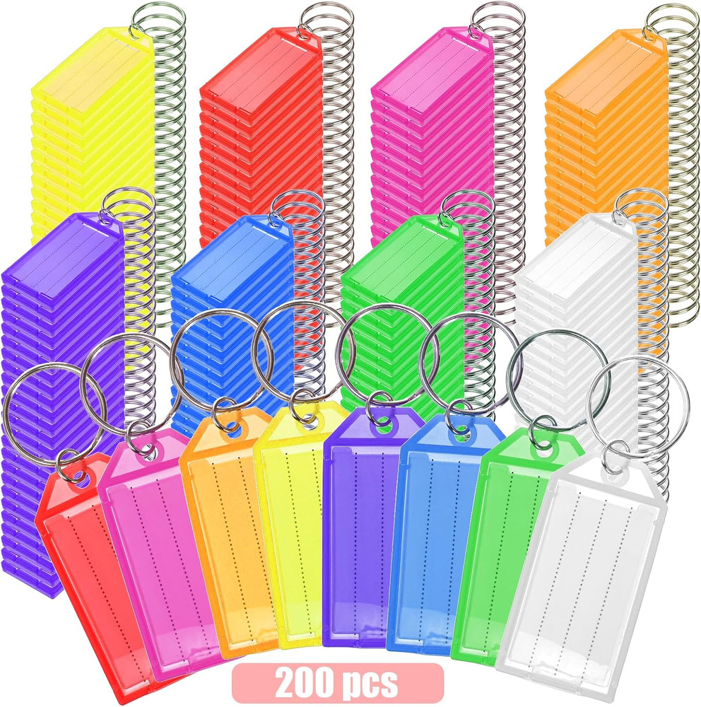 200 Pcs Plastic Key Tags, Key Label Window with Split Ring and Ruled Blank Label