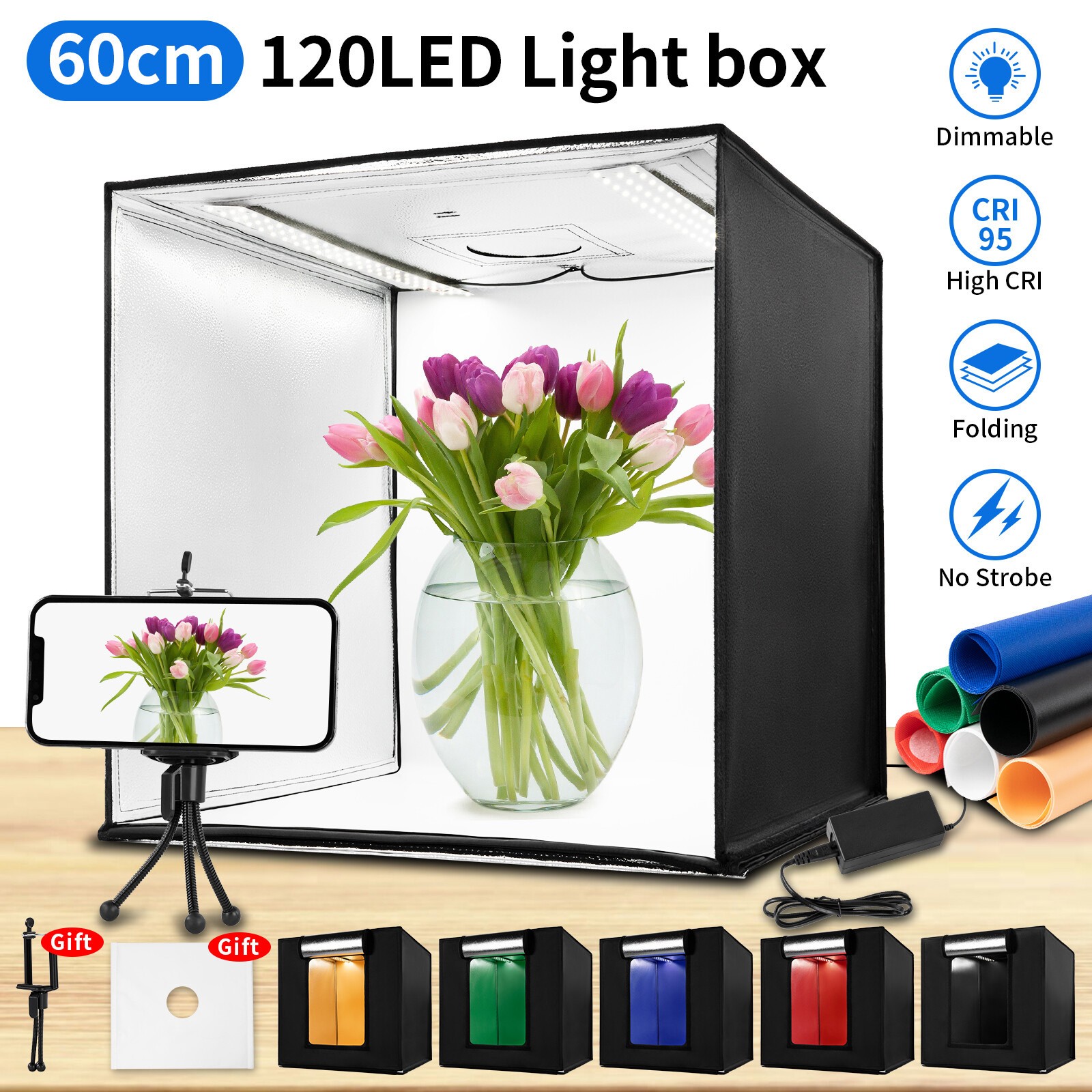 24" Large LED Light Box Photo Tent Dimmable Photography Studio Shooting Portable