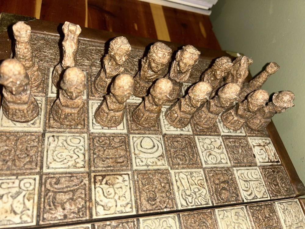 Vintage Unique Aztec Spanish Folding Chess Board Set Mexico Complete