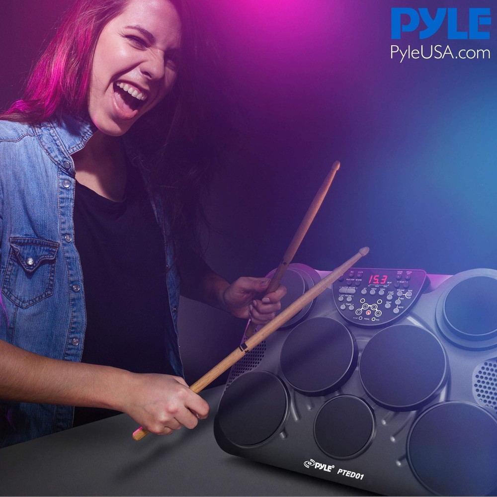 Pyle Electronic Tabletop Digital Drum Set, Compact Portable Drum Pad Kit w/ 8