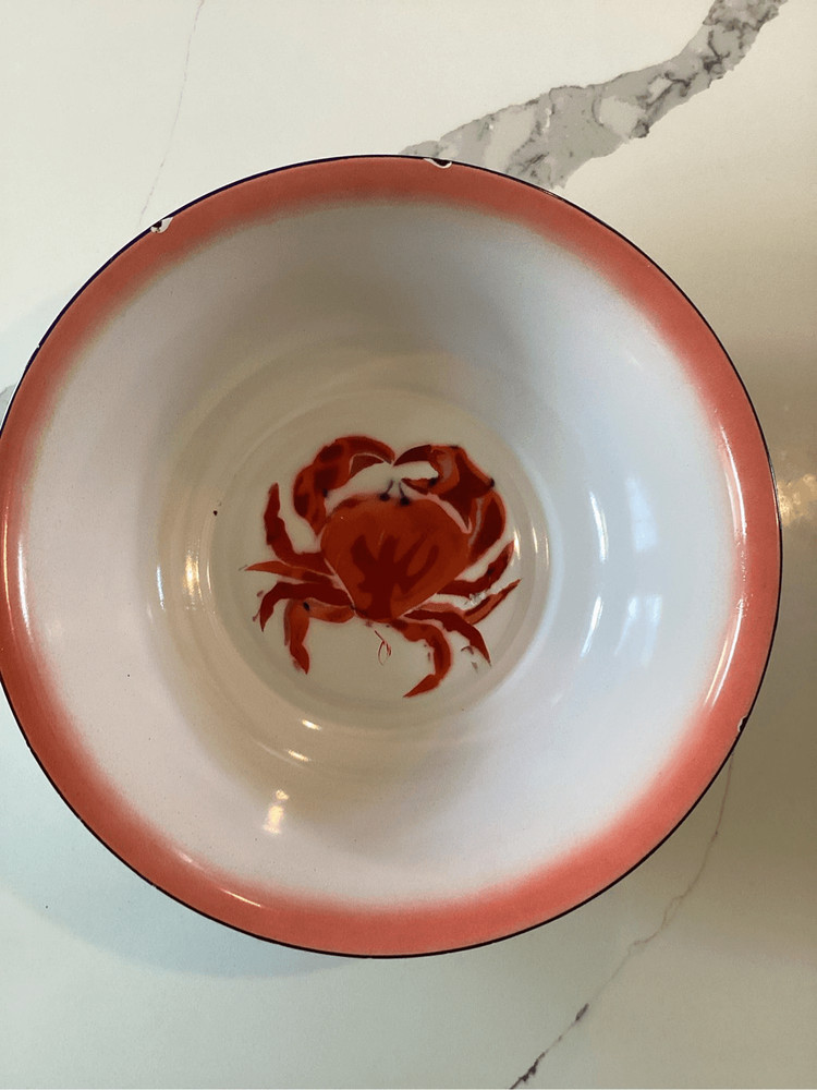 Large Crab Enamelware Bowl Pink White