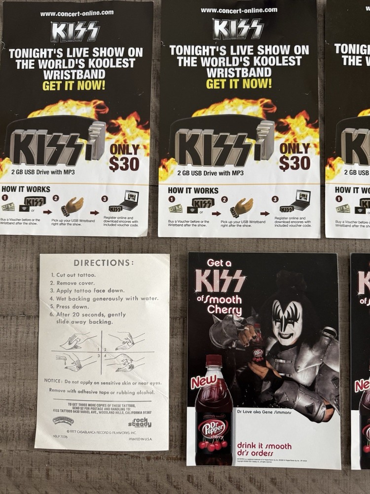 Kiss Alive 35 Concert Ad Flyers(4) Gene Simmons Dr Pepper Ads(2) Kiss Tattoos(1)