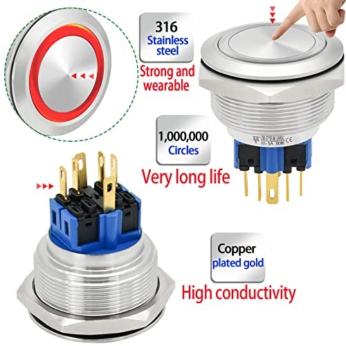 30mm Momentary Push Button Switch Big Head Waterproof with Momentary ,24V Red