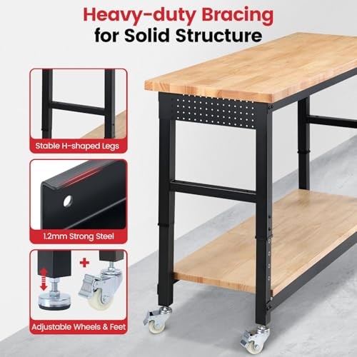 Work Bench for Garage Adjustable Workbenches with 60 INCH Double Layer&Wheels