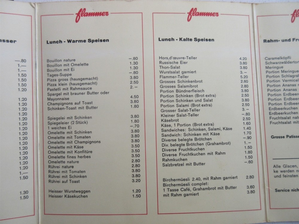 flammer laminated menu Switzerland vintage
