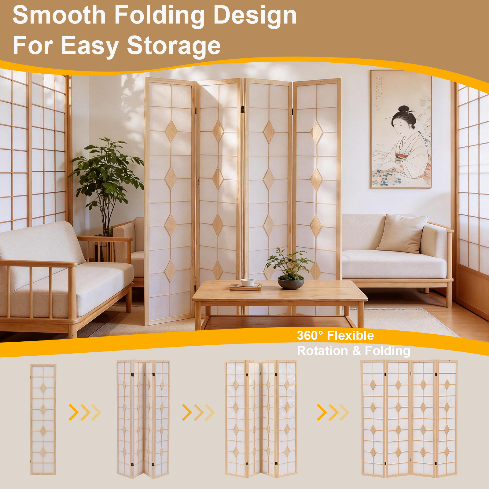 4 Panel Folding Room Dividers Wooden Privacy Screen Fabric Wall Separation White