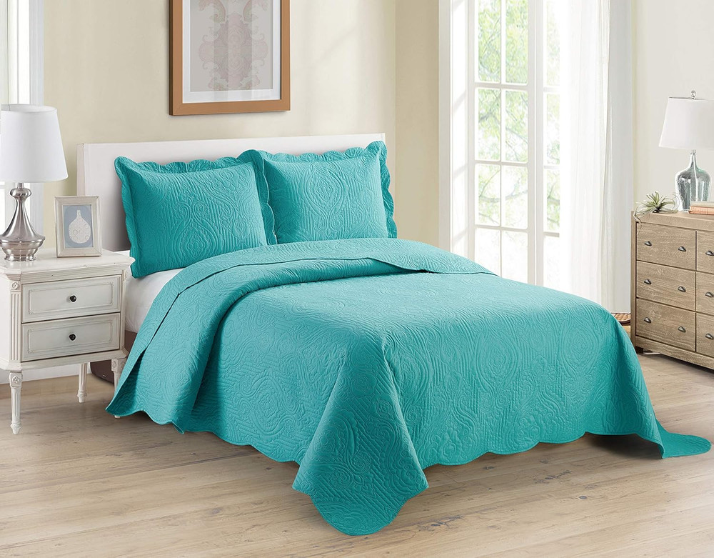3Pc King/Cal King Bedspread Set Luxury Embossed Solid Turquoise Microfiber