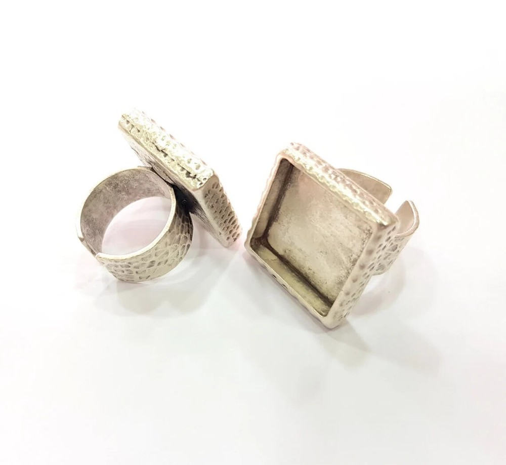 Square Ring Blank Setting Cabochon Base inlay Bezel Adjustable Antique Silver