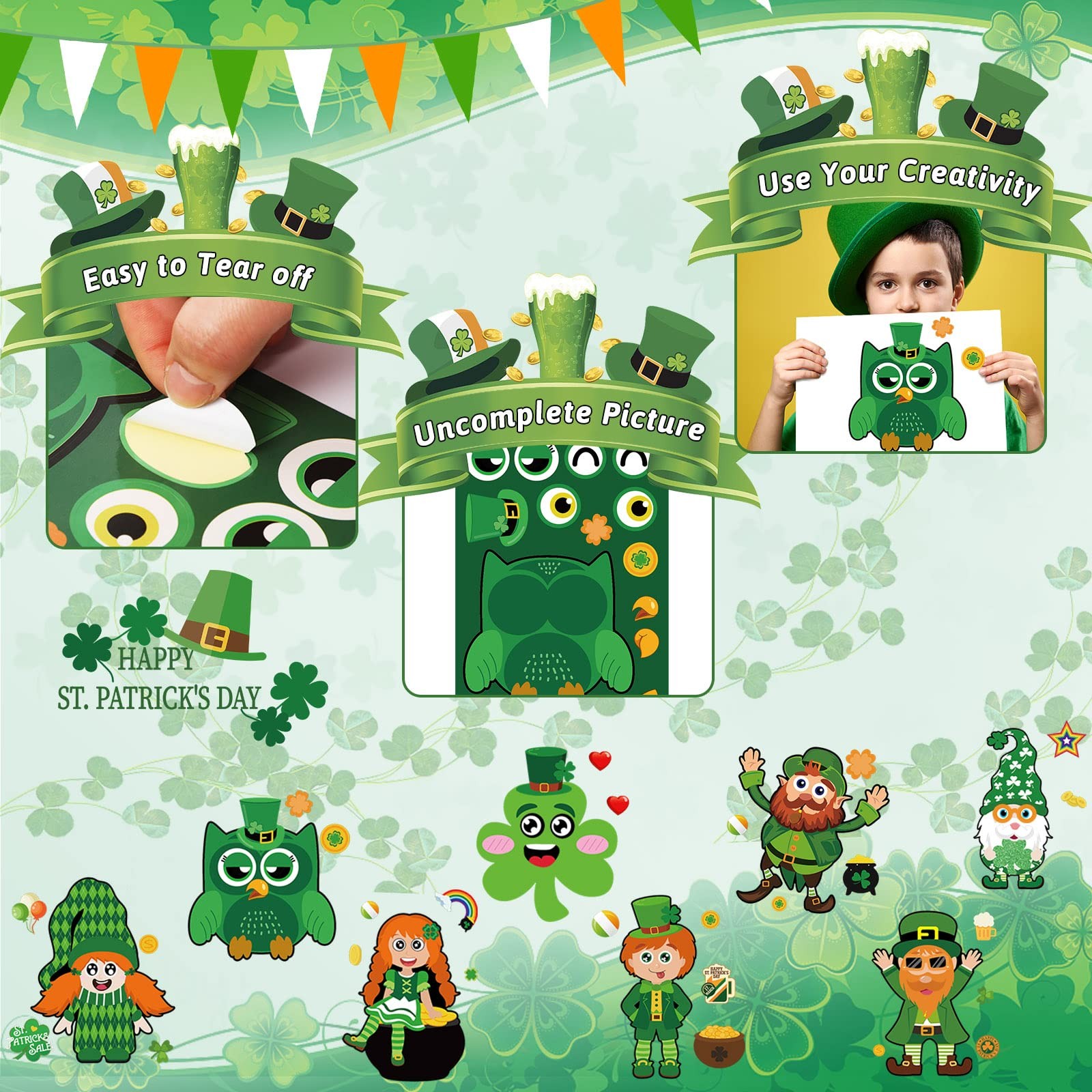St.Patrick's Day Stickers for Kids, 48pc Shamrock & Face Stickers, DIY Crafts fo