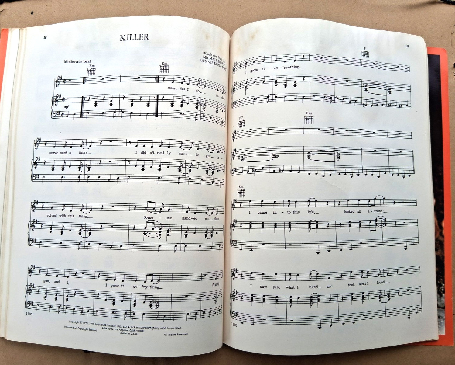 Vintage Alice Cooper Songbook Schools Out Eighteen Bizarre Music Corp 1972