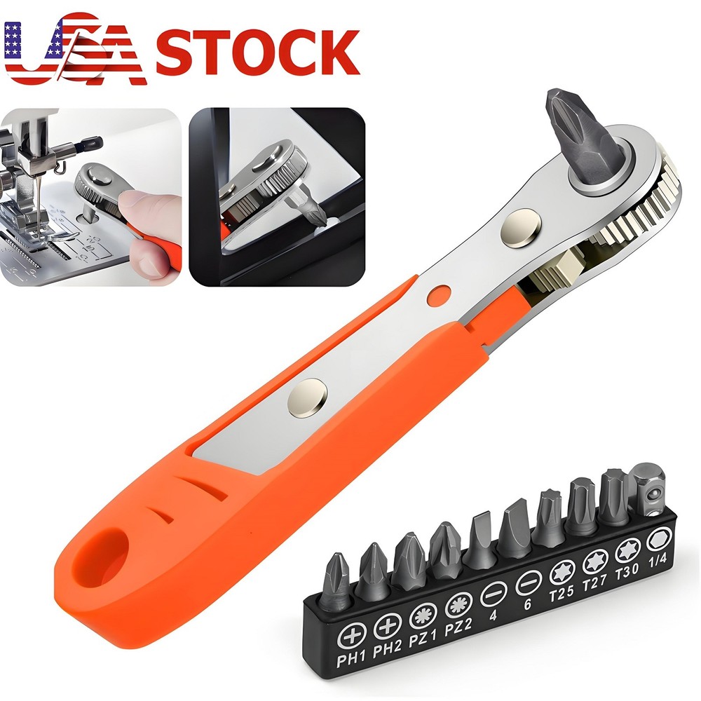 36-Tooth Mini Ratchet Screwdriver Hex Drive 90 Degree Offset w/ 10pcs Bits USA
