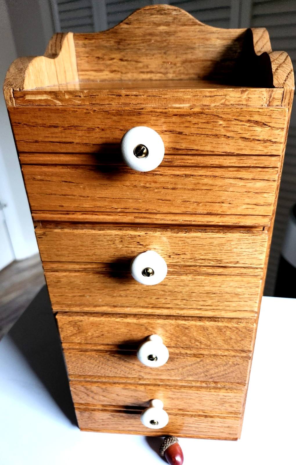 Vintage OAK Wood Hang or Stand Spice Box Cabinet 4 Drawer Porcelain/Brass Pulls