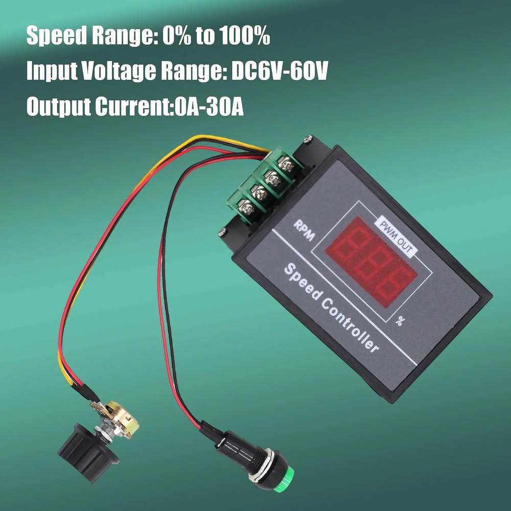 Digital PWM Speed Controller 30A Max 20A Cont. for DC Motors 6-60V Input