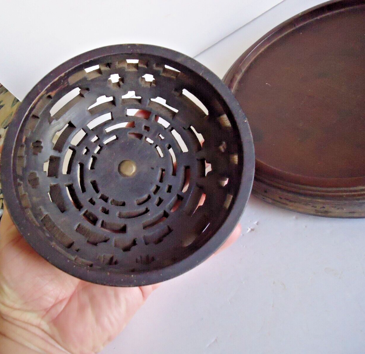 Antique Chinese or Japanese 2 pc Wood & Silver Incense Burner Censer 1800s