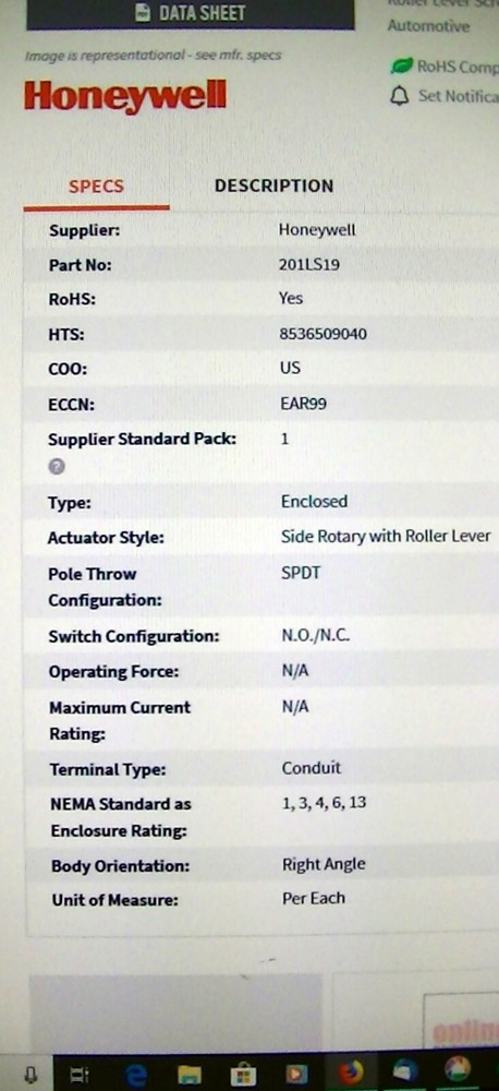 MICRO SWITCH limit switch side rotary w/roller lever 201LS19 plug in model