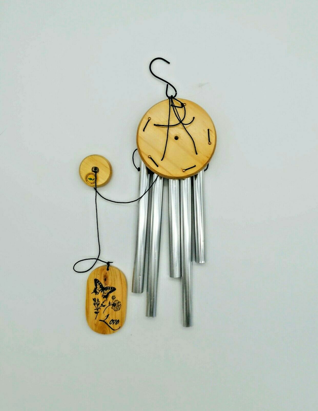 Wind Chimes Natural Wood & Metal Love Wind Chime 5 Tubes Wooden 26" Windchimes