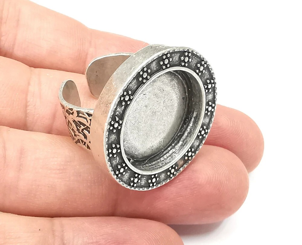 Flower Round Ring, Flat Blank Setting, Cabochon Mounting, Adjustable Resin Base