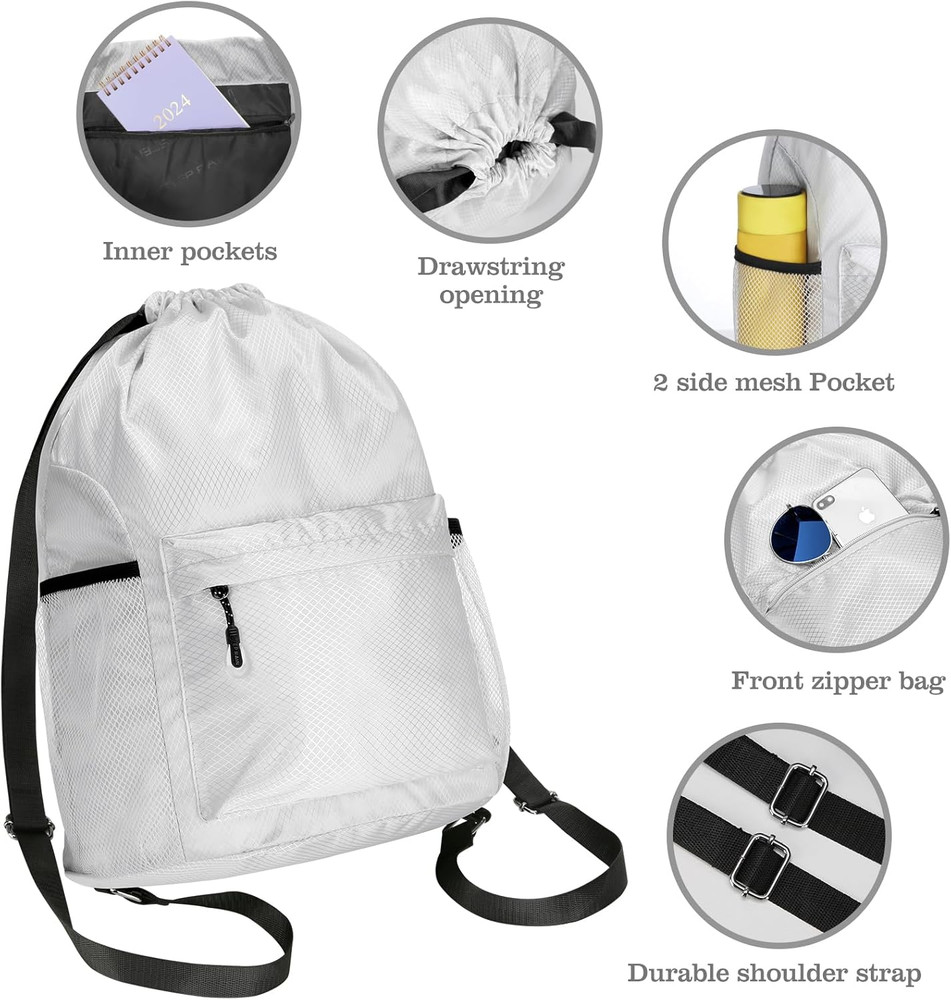 Waterproof Drawstring Bag, Lightweight String Backpack with Water Bottle Holder