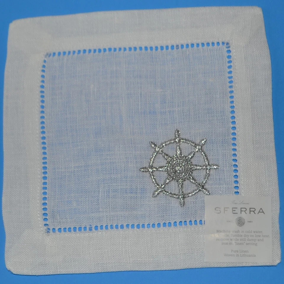 Sferra Nautical Silver Embroidery Cocktail Napkins Hemstitch Linen 6x6 SET/4 New