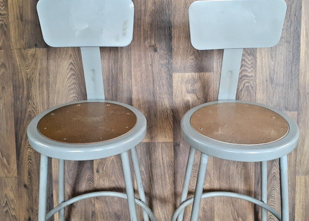 TWO(2) Vintage Industrial Factory Stools adjustable / Removable Backs