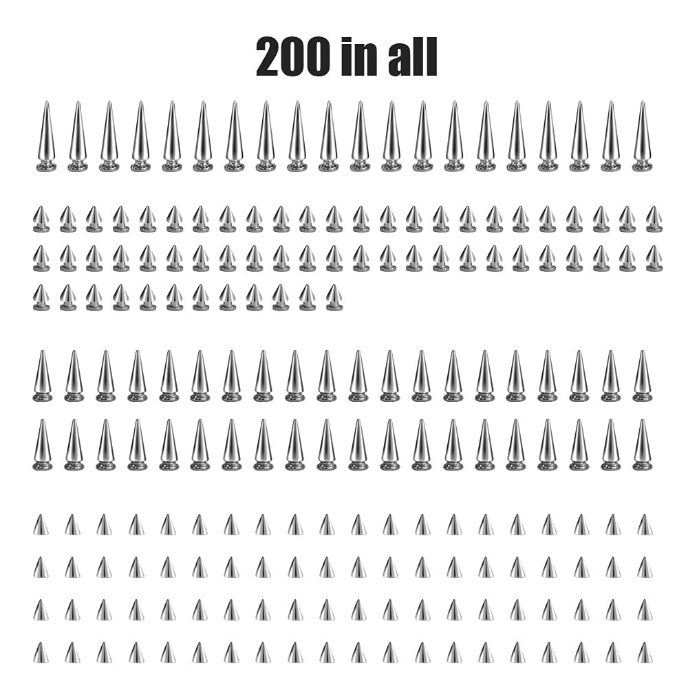 200 Sets Silver Cone Spikes Multiple Sizes Screw Back Studs Bullet Rivets