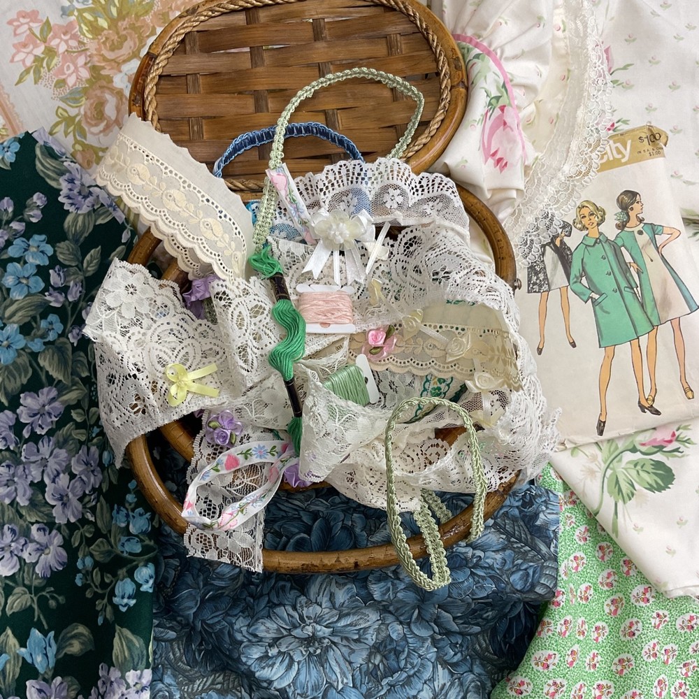Vintage Sewing Basket Bundle – Fabric, Lace, Ribbon, Embroidery Thread & Pattern