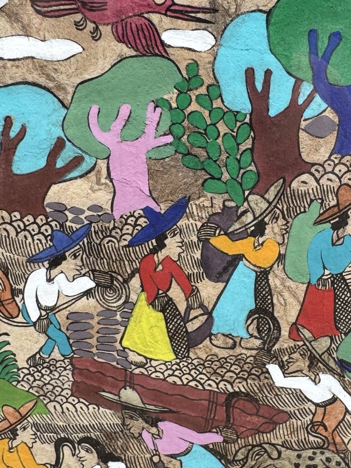 3 large Framed Mexican Folk Art On Bark Paper Hand Painted JMZ