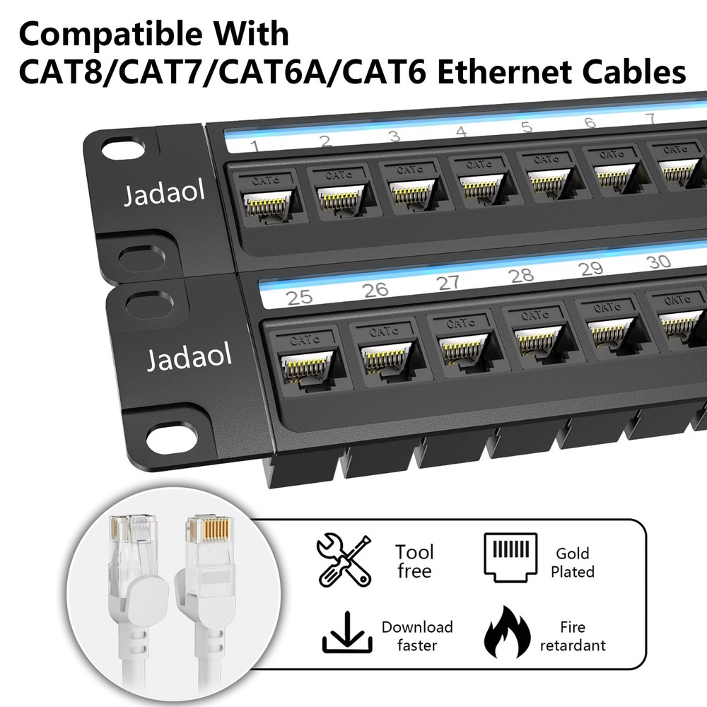 Jadaol [UL Listed] 48 Port Patch Panel Rackmount or Wall Mount 19-Inch, 2U Ca...