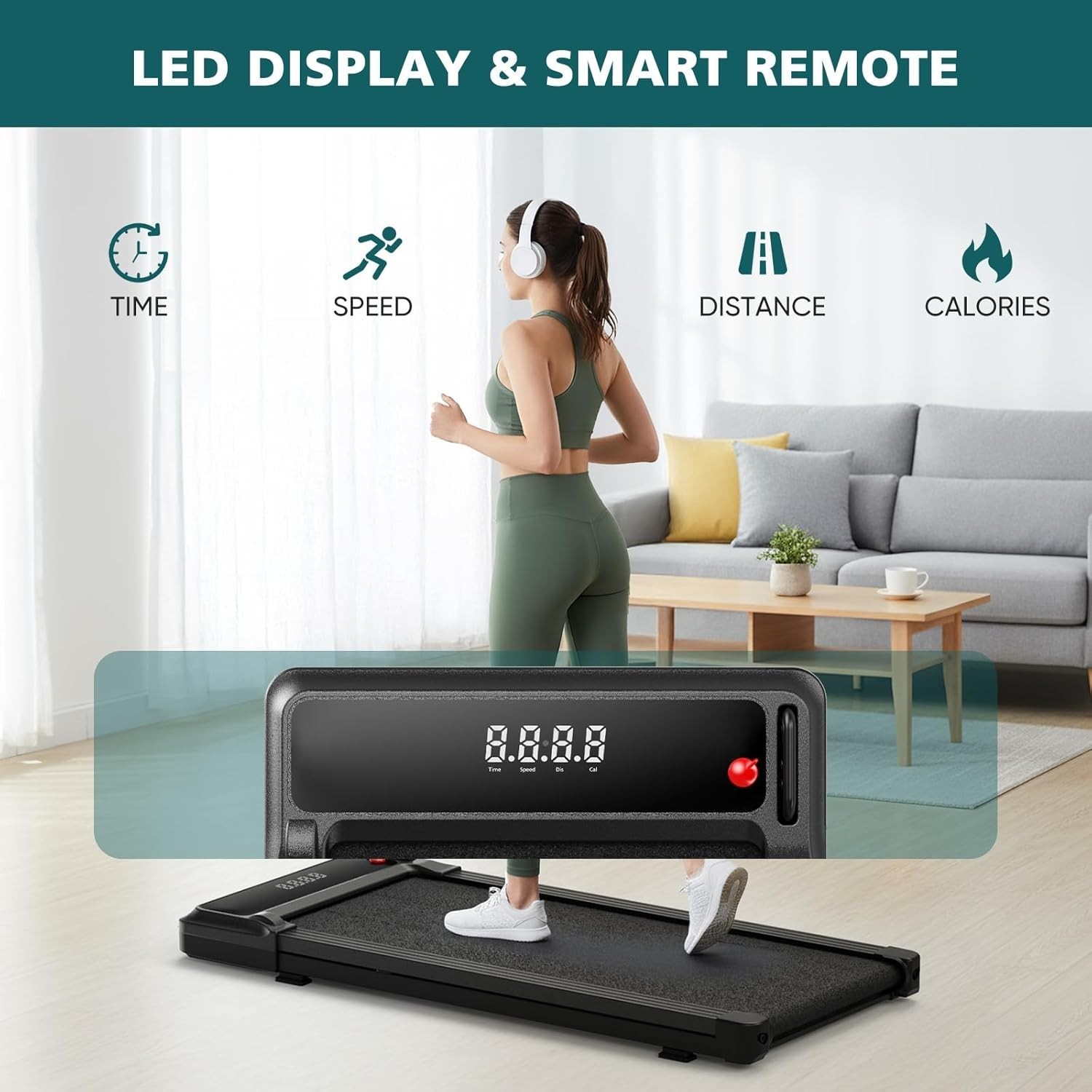 Smug Compact Armless Treadmill, Space Saving Design for Home & Office, Quiet Und