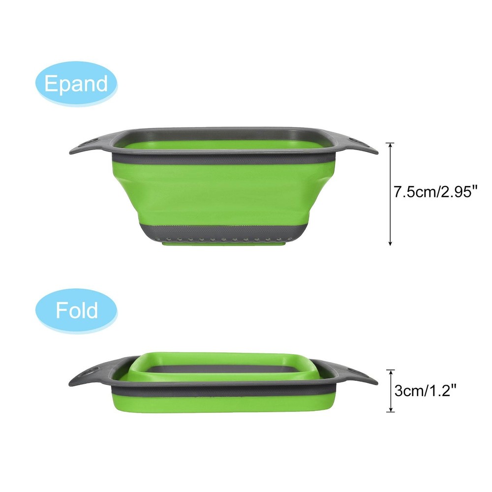 Collapsible Colander Set, 2 Pcs Silicone Square Foldable Strainer - Green Small