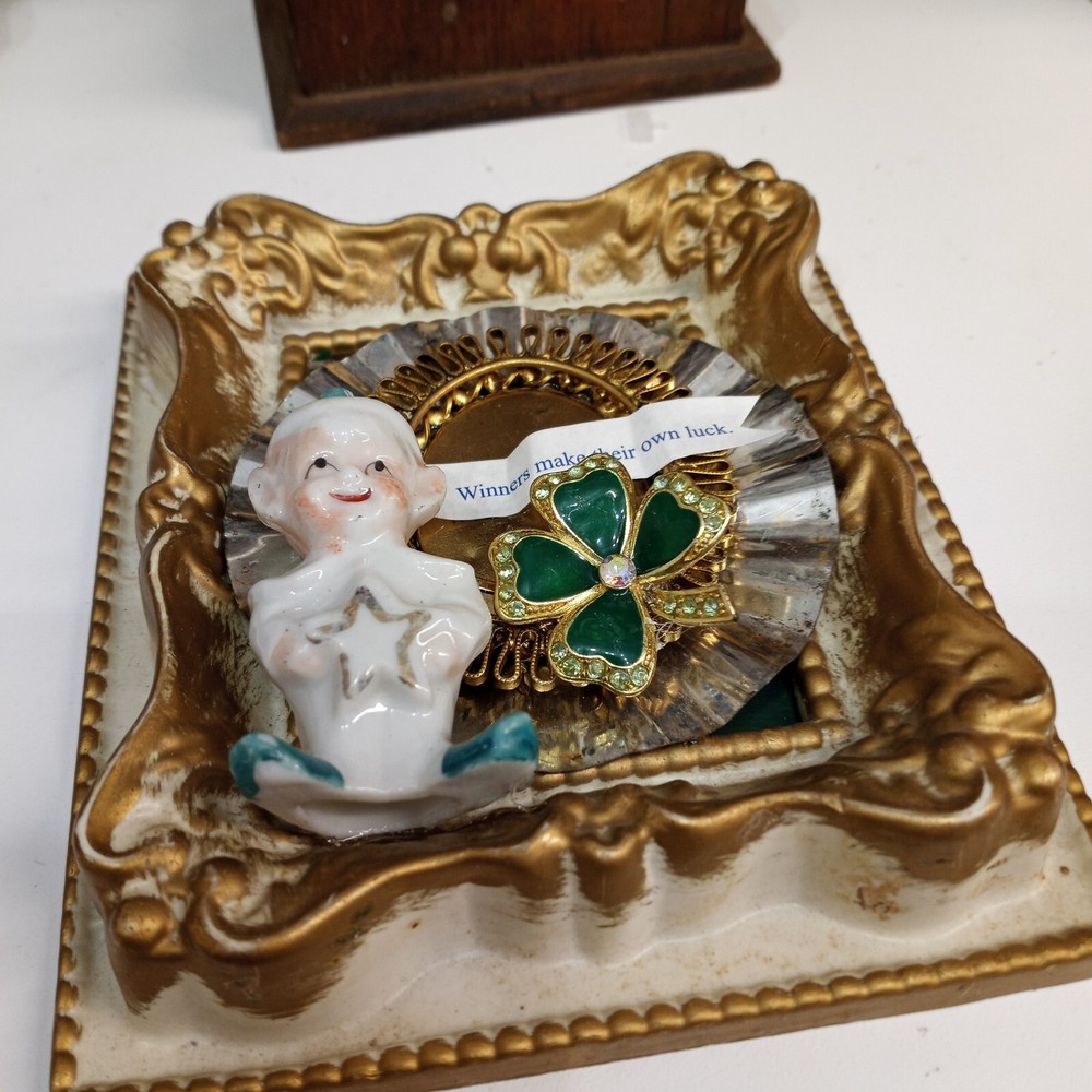Adorable pixie elf Assemblage Art wall decor. Luck quote. One of a kind.