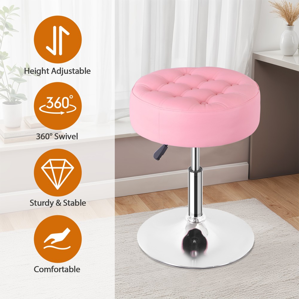 4PCS Adjustable Round Ottoman Stool Vanity PU Leather Swivel Makeup Stool Pink
