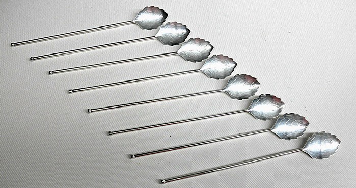 MCM Danish Drink Leaf Stirrer Straws Silverplate Boxed Set 8 Denmark Barware