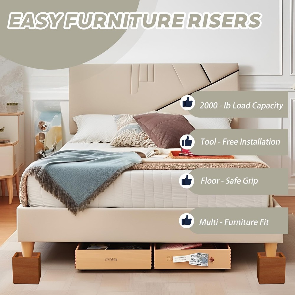 4-Inch Solid Pine Furniture Risers – 2000LBS Capacity, Tool-Free Install, Nat...