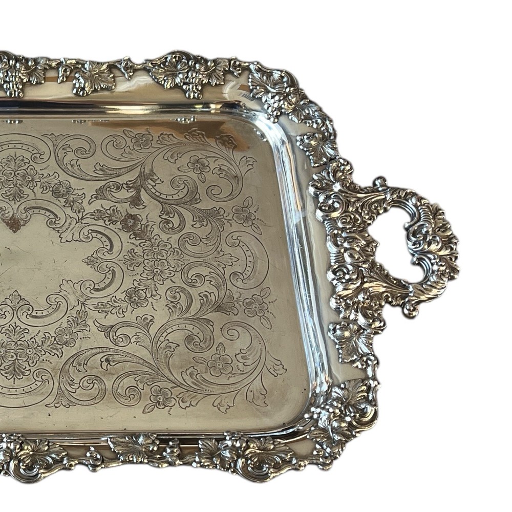 Large Silver Plate Waiters Serving Tray Rectangular Grape Motif 17x28.5