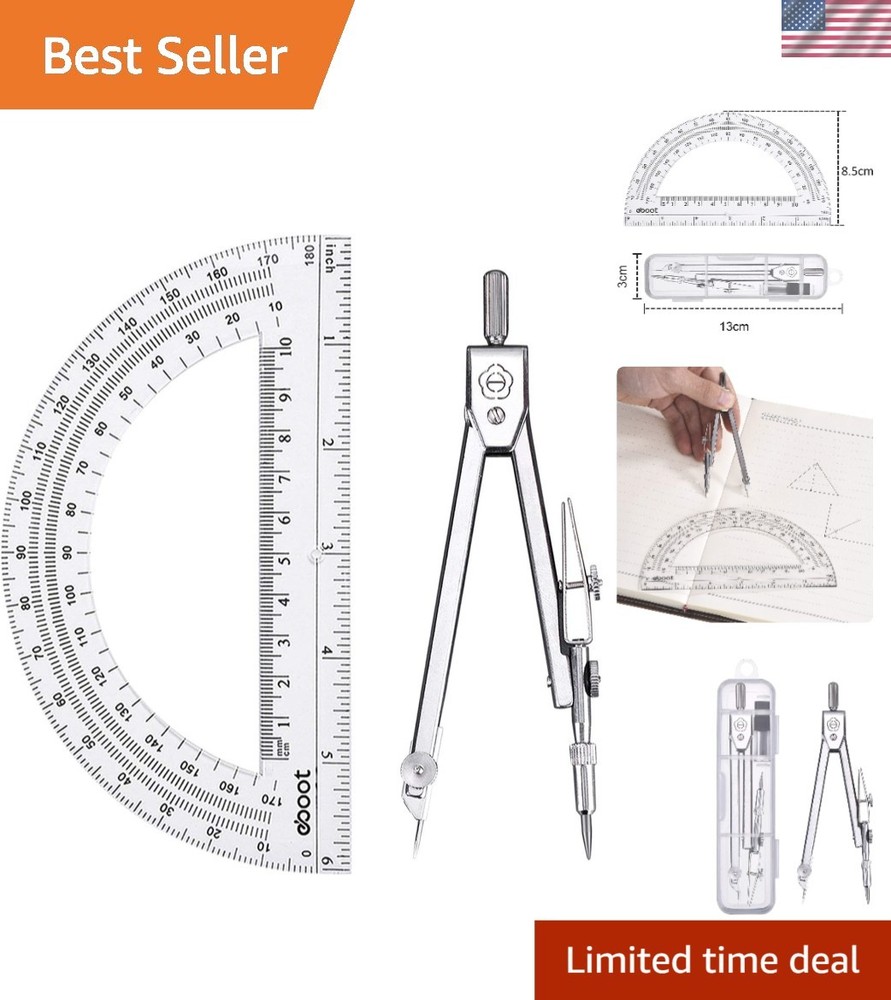 Integrated Geometry Math Set: 6-Inch Protractor & Compass with Pencil Refills