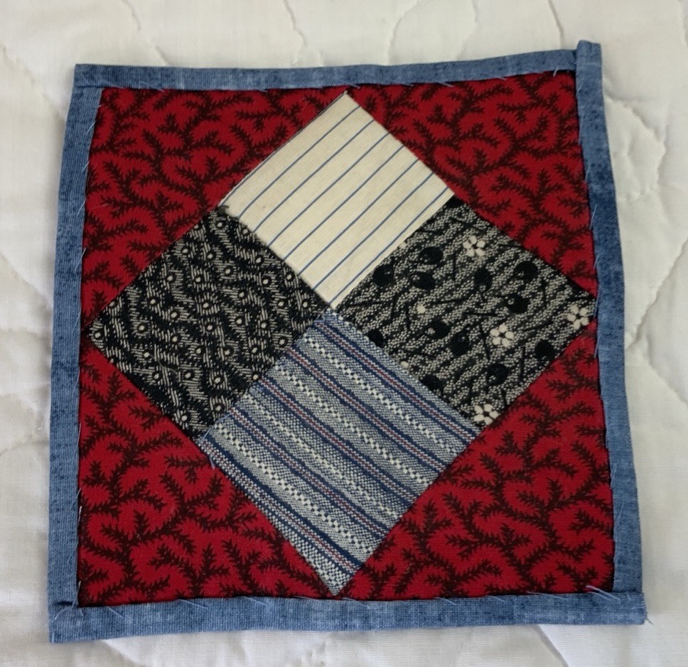 Antique Vintage Table Topper, Patchwork Quilt Top, Four Patch, Red, Blue, Mini