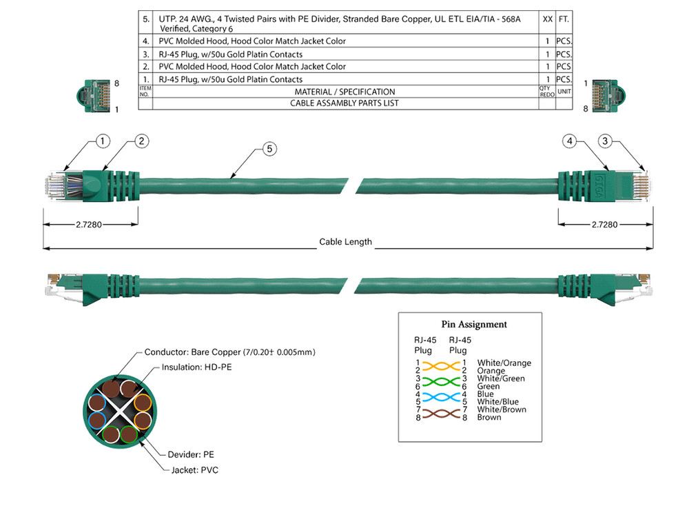 14ft Cat6 UTP Ethernet Network Patch Cable Snagless 24AWG Bare Copper, Green