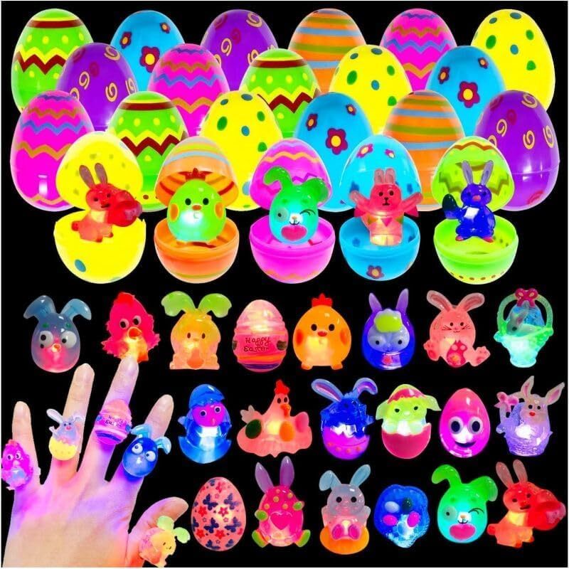 24 Pack Prefilled Easter Eggs with 3D Light-Up Rings for Kids