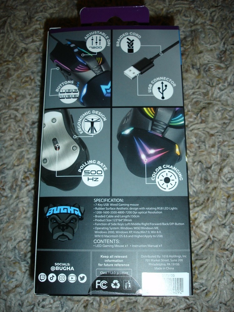 Bugha LED Light up gaming universal mouse Xbox PS4 PC 7200 DPI, 7 keys