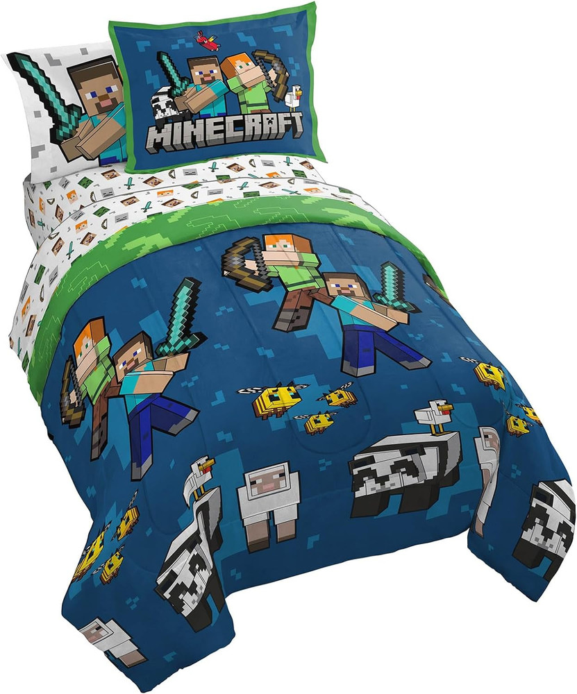 Minecraft Twin Comforter Set - 5 Piece Bedding Includes Sheet Set & Pillow Cover