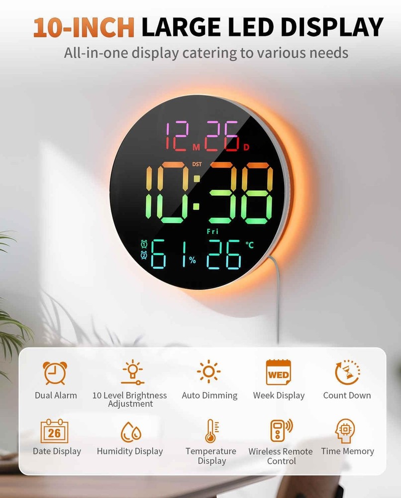 10 Inch Large Digital Wall Clock with 13 Color Changing Remote Control, Date ...